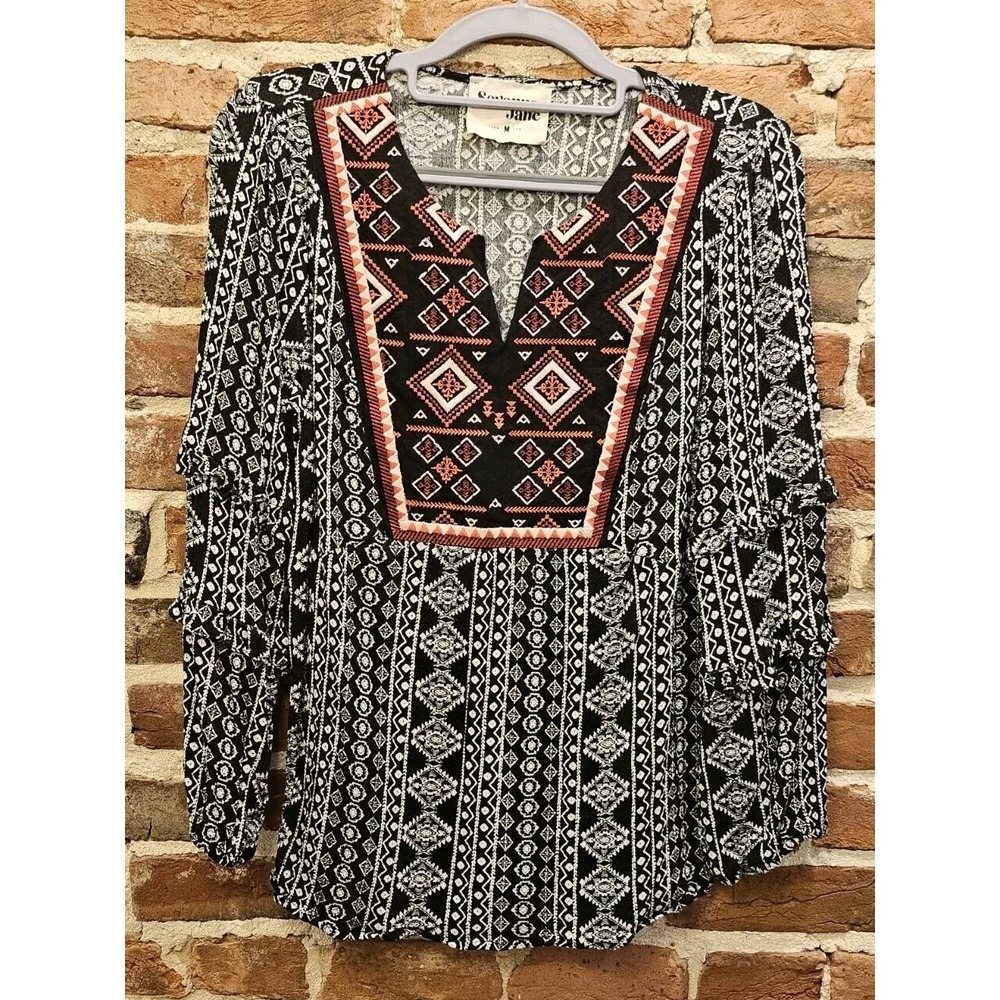 Savanna Jane Embroidered Blouse Geometric Pattern Long Sleeve Sz Medium